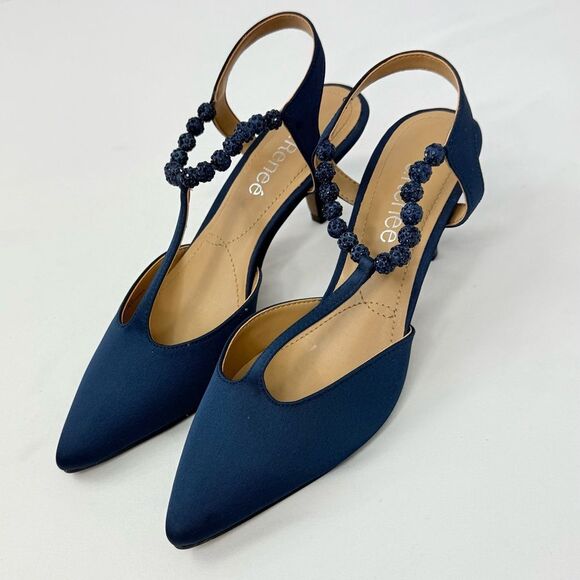 J. Renee NIMAH Navy Blue Sparkle Bead Pointed Toe T Strap Slingback Heels - Picture 7 of 16
